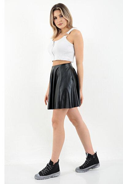 Women's Black Faux Leather Flared Mini Skirt - 8 Panel
