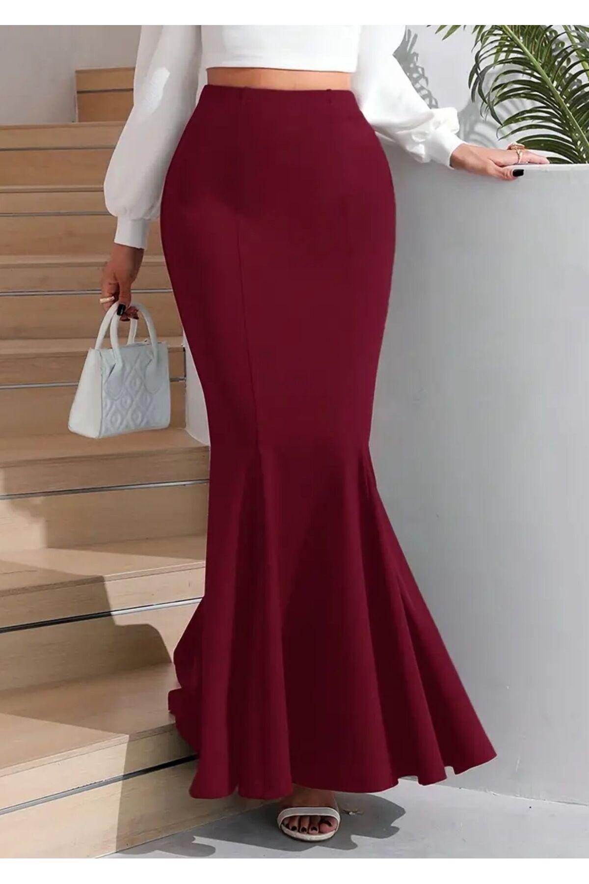 Women's Burgundy Scuba Fishtail Maxi Skirt - Shaping