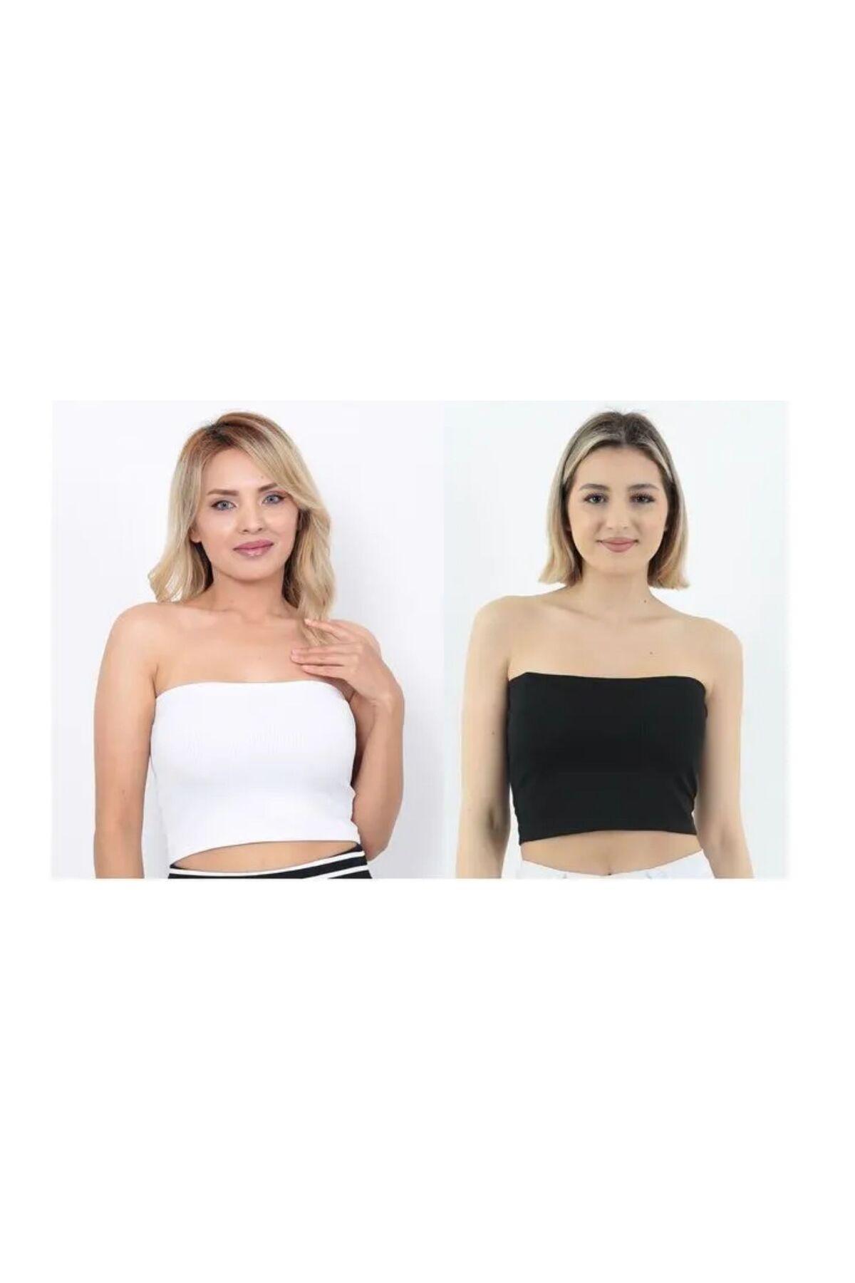 Kadın Siyah-Beyaz 2'Li Paket Fitilli Straplez Crop Büstiyer Günlük & Şık Üst Esnek Kumaş