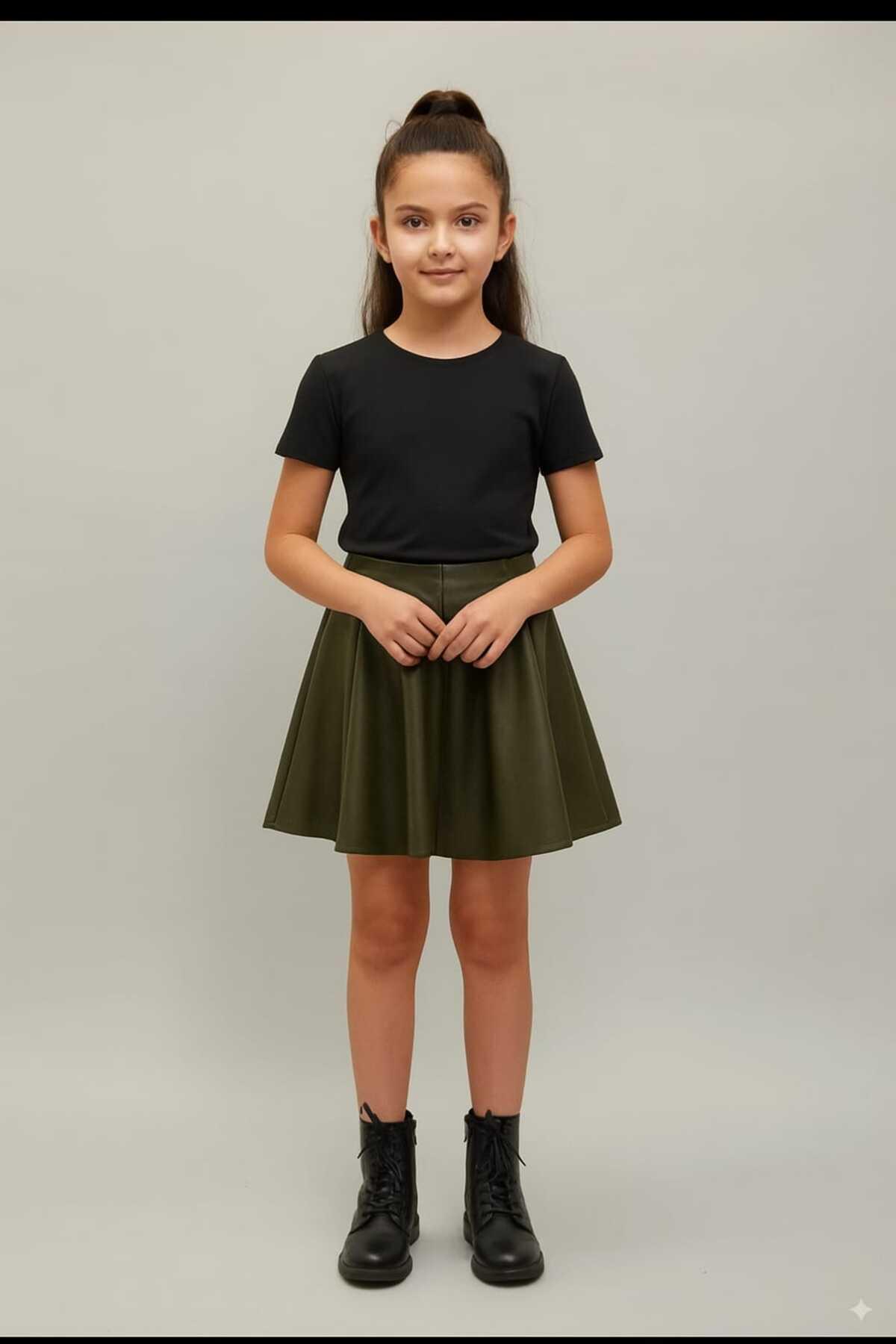 8 Parça Suni Deri Beli Lastikli Haki Kız Çocuk Etek