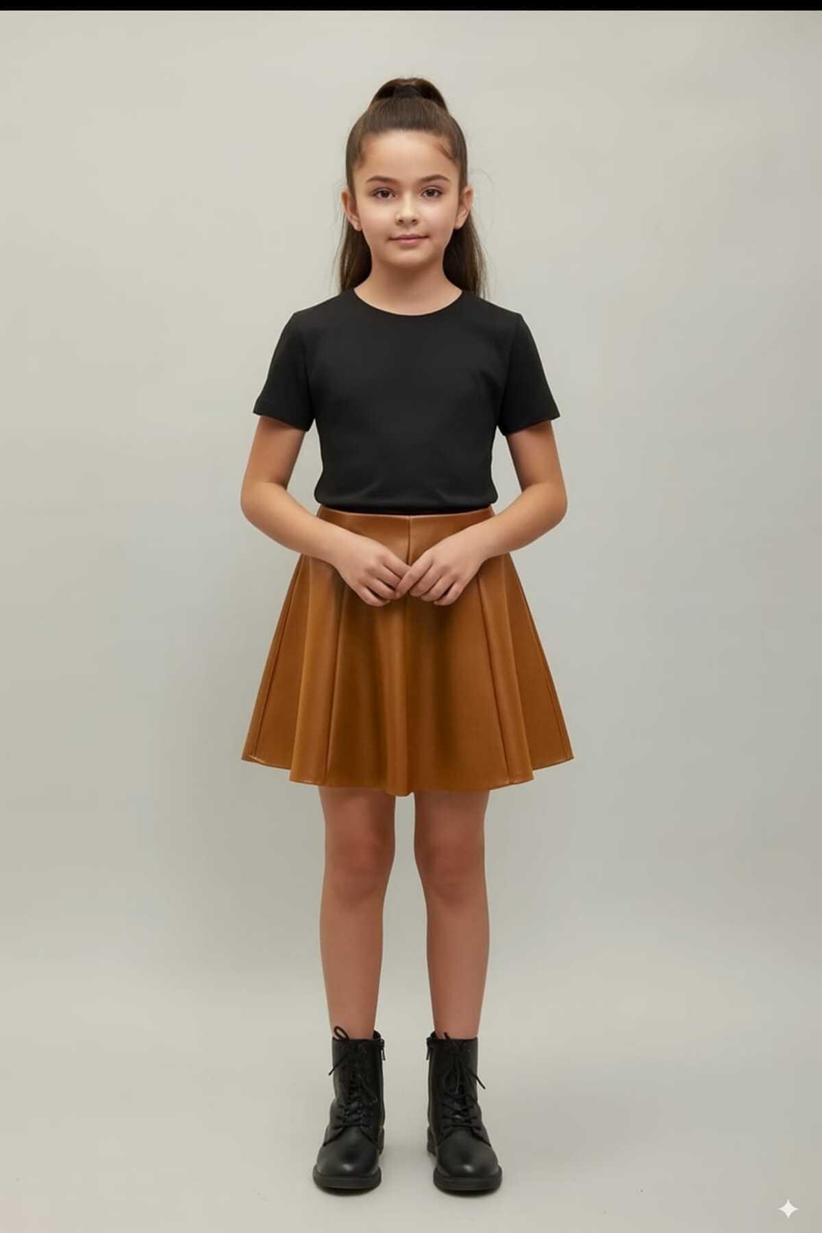 Girls' Tan Faux Leather Flared Skirt with Elastic Waist