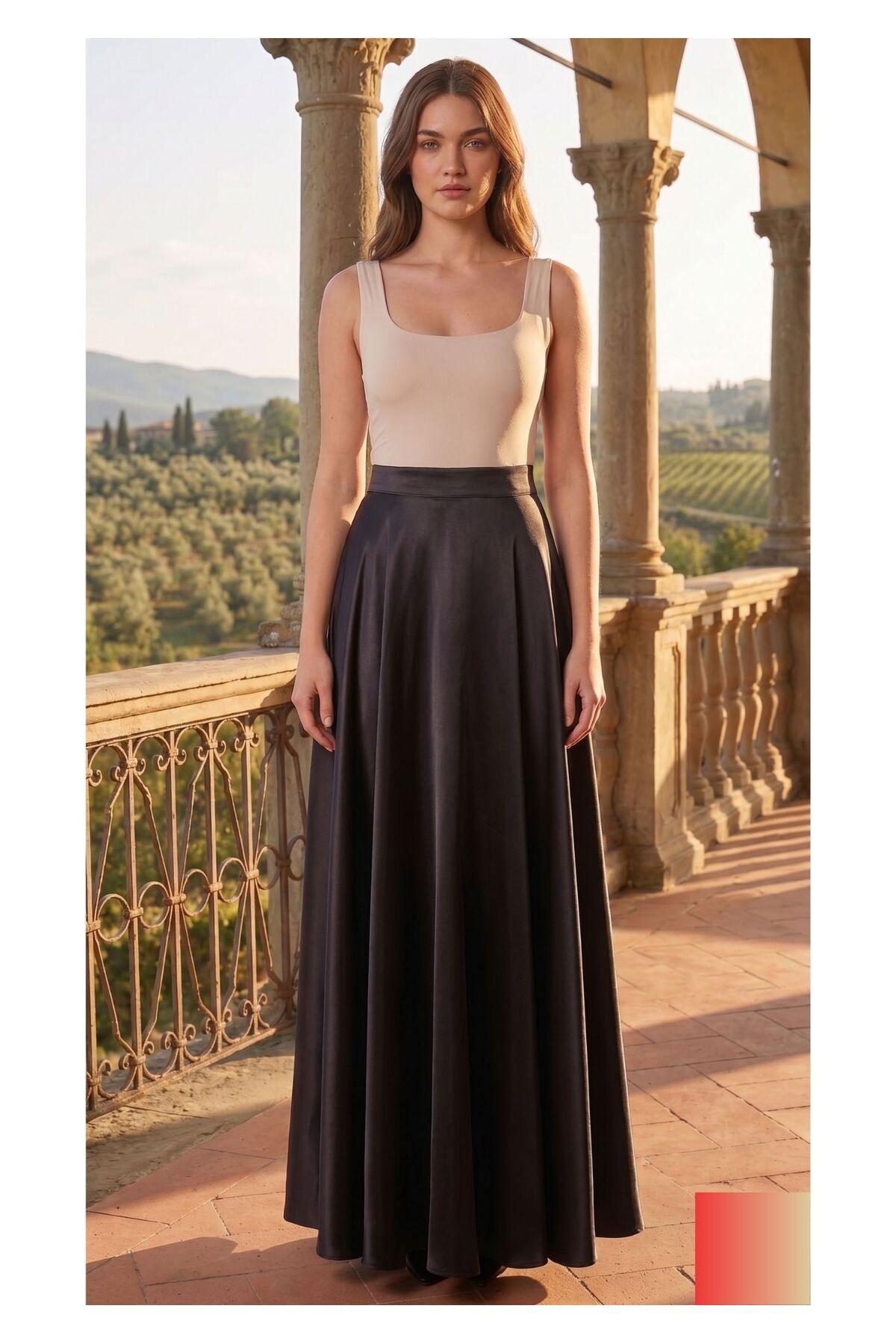 Women's Black Satin Maxi Skirt - Zip High-Waist Flared