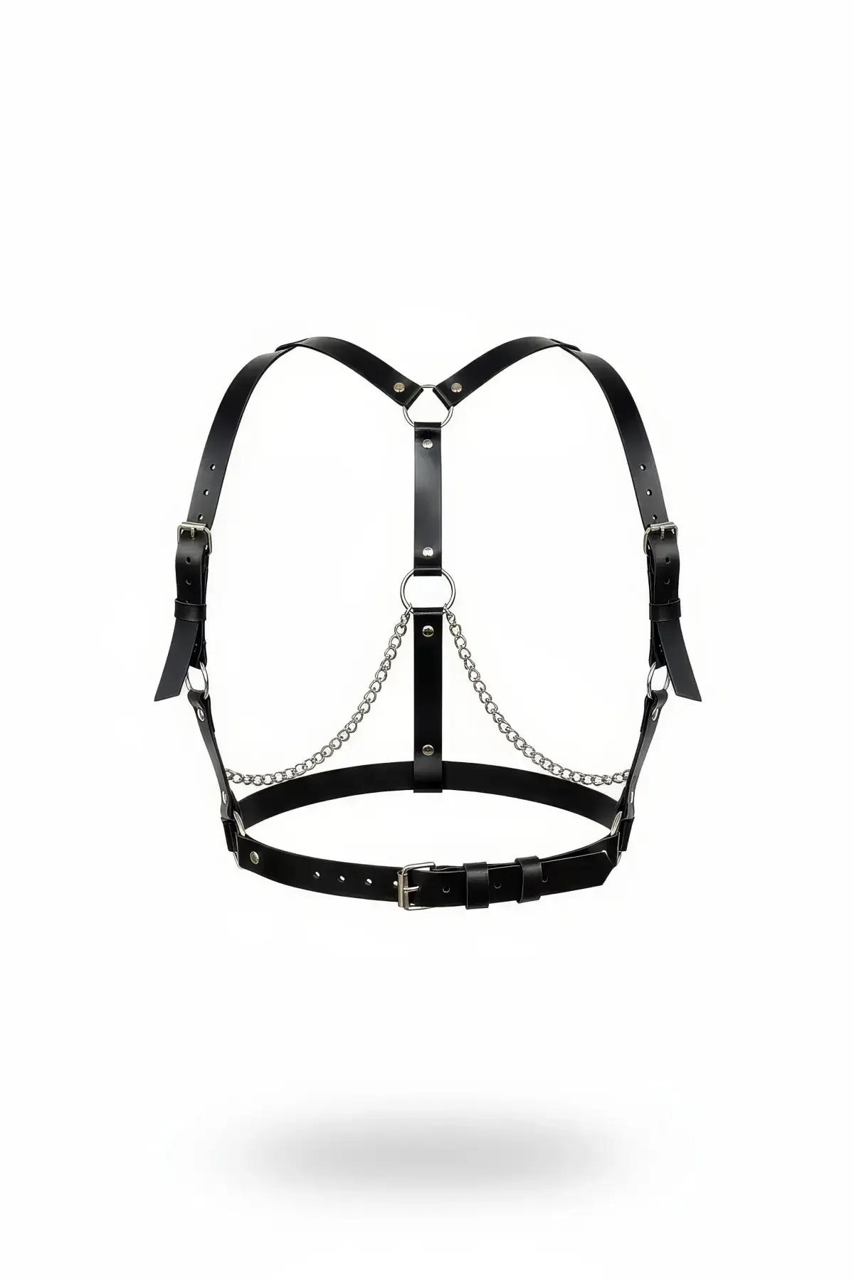 Faux Leather Chest Harness with Silver Chain Detail