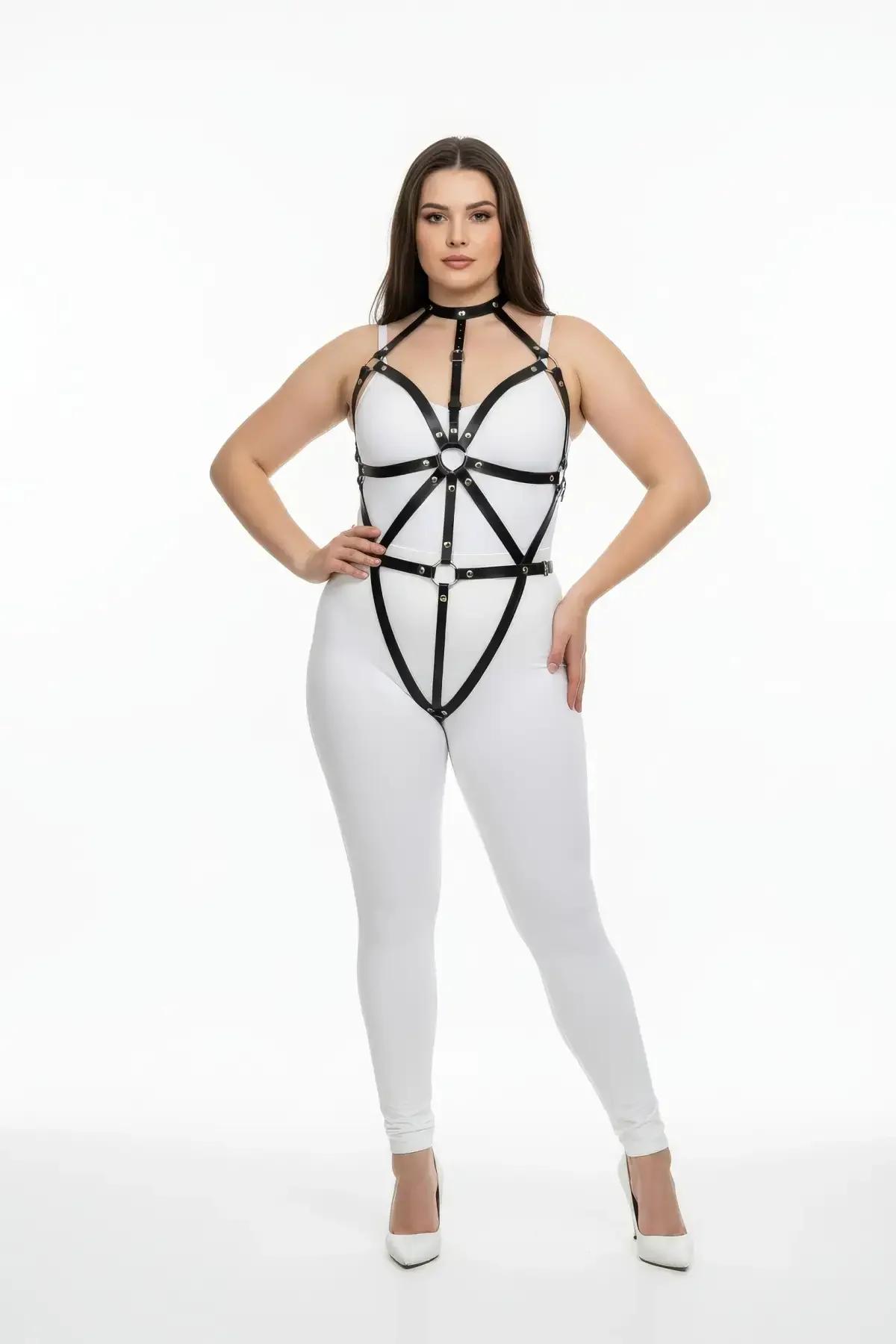 Black Faux Leather Full Body Harness for Women – Adjustable Plus Size