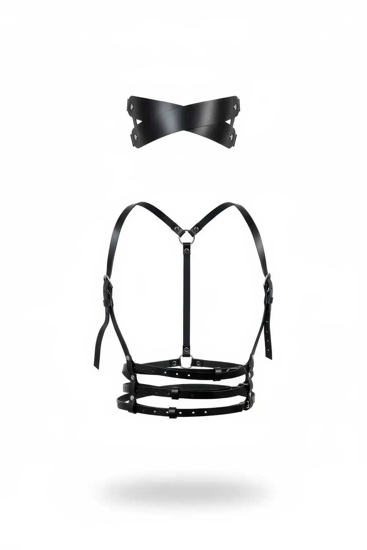 Adjustable Black Chest Harness with Triple Underbust Straps