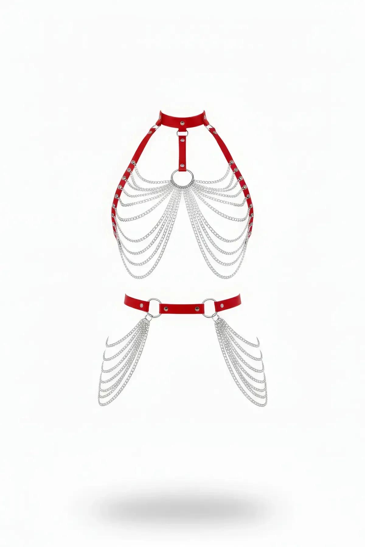 Red Faux Leather Chest & Waist Chain Harness Set