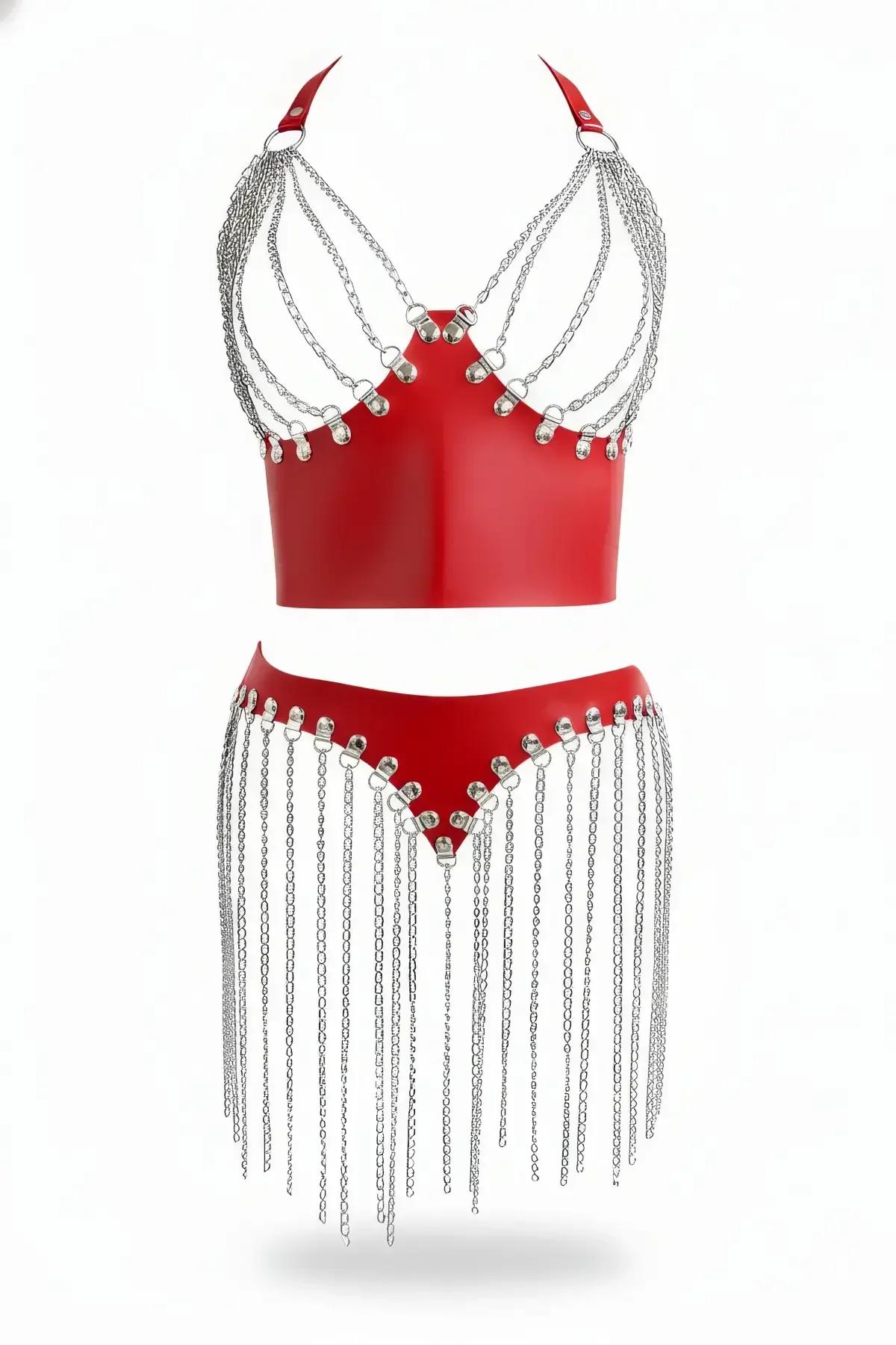 Red Faux Leather Chain Draped Halter Top & Skirt Set