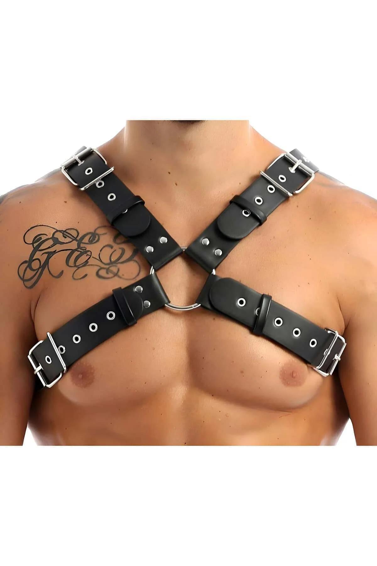 Adjustable Faux Leather Chest Harness with O-Ring