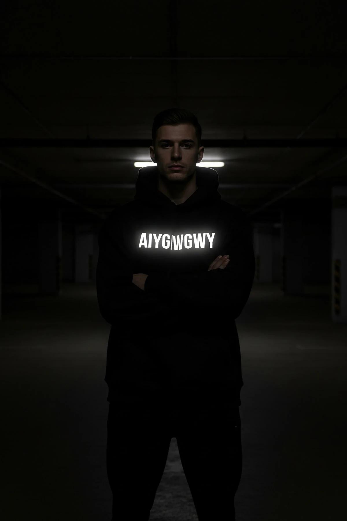 Reflektörlü siyah kapüşonlu sweatshirt karanlık ortamda parlayan AIYGIWGWY göğüs baskısı