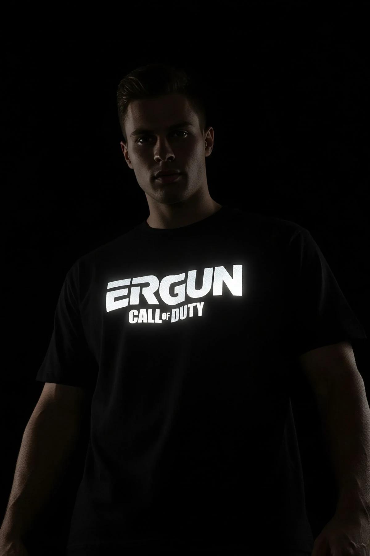 reflektörlü oversize tişört siyah %100 pamuk Call of Duty baskı gece flaş yansıma