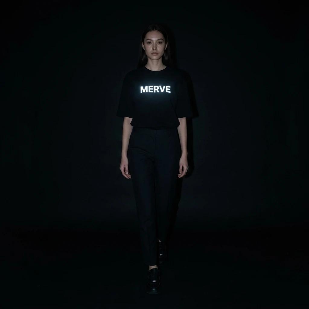MERVE reflective print black oversized t-shirt glowing bright white chest graphic under direct flash on female model