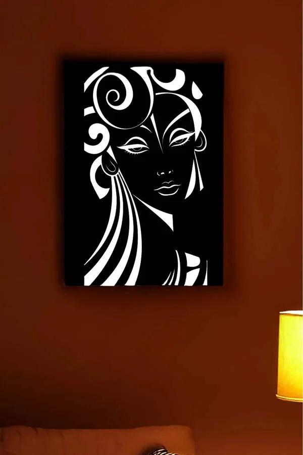 siyah beyaz stilize kadın figürü reflektörlü modern tablo MDF lazer kesim 50x70 cm duvar dekor