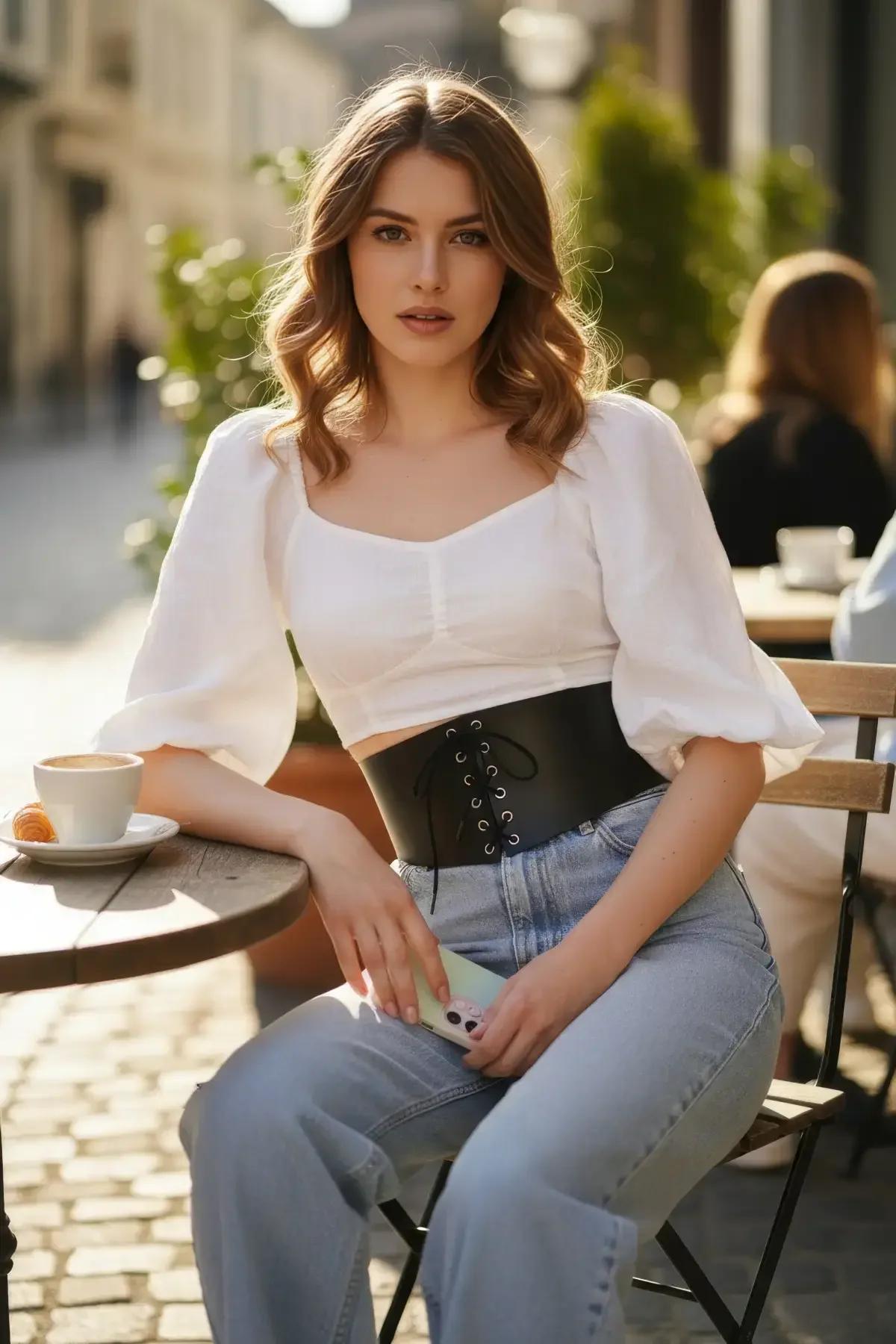 Bağcıklı geniş siyah korse kemer vegan deri gümüş ilmekli bel aksesuarı beyaz crop bluz üzerinde