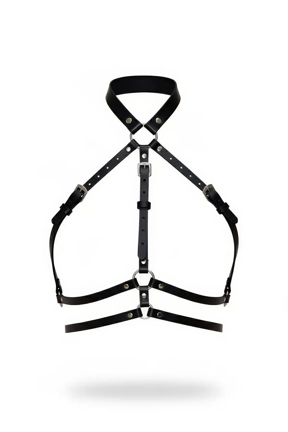 siyah suni deri vücut harness aksesuar çapraz bantlı gümüş metal toka ve O-halka detaylı