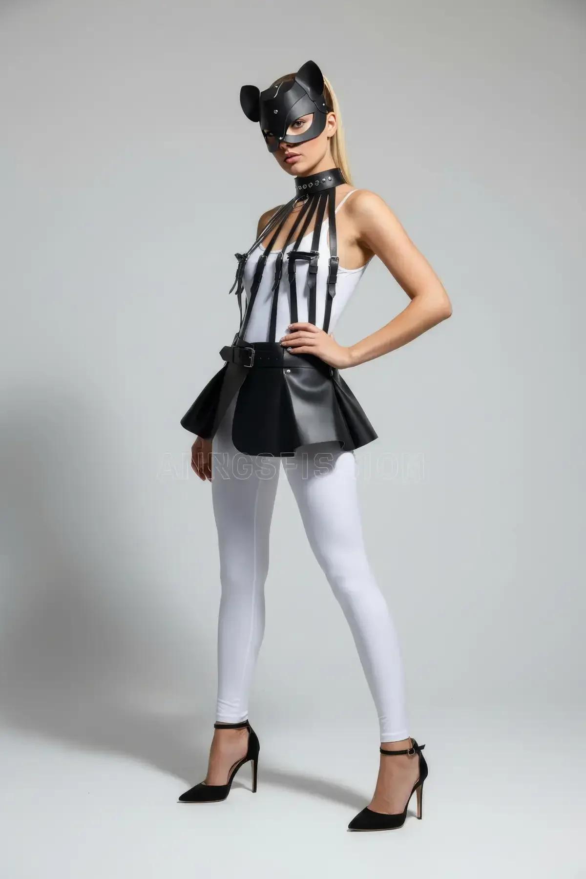 siyah suni deri peplum harness etek çok bantlı dikey askılar toka detaylı kemer A-line eteklik