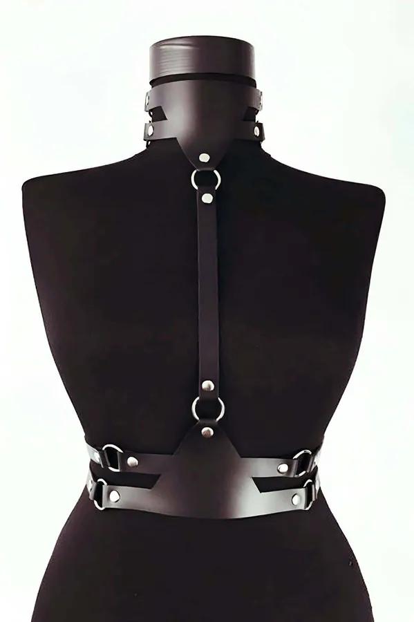 black faux leather body harness with choker collar center strap and three silver O-ring accents on mannequin