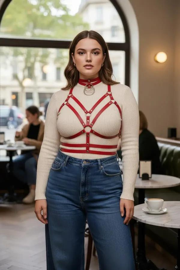 kırmızı vegan deri harness kemer büyük beden gümüş O-ring çapraz kayış kazak üstü kombin