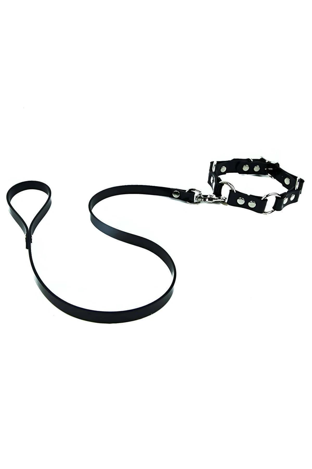 Black studded faux leather collar and leash set with silver dome studs and O-ring hardware