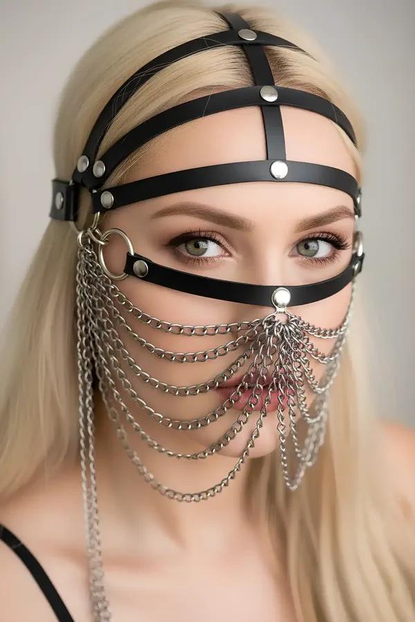 black faux leather face harness with layered draped silver chain veil and dome stud hardware