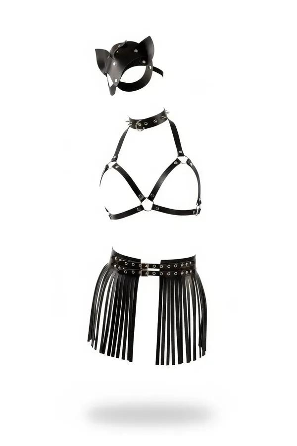 siyah suni deri harness sütyen püsküllü mini etek kedi maskesi üç parçalı set gümüş metal tokalı