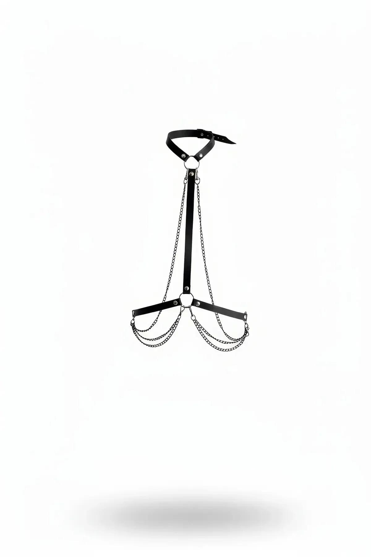 Siyah vegan deri göğüs kemer gümüş dökümlü zincir O-ring bağlantılı ayarlanabilir boyun bandı