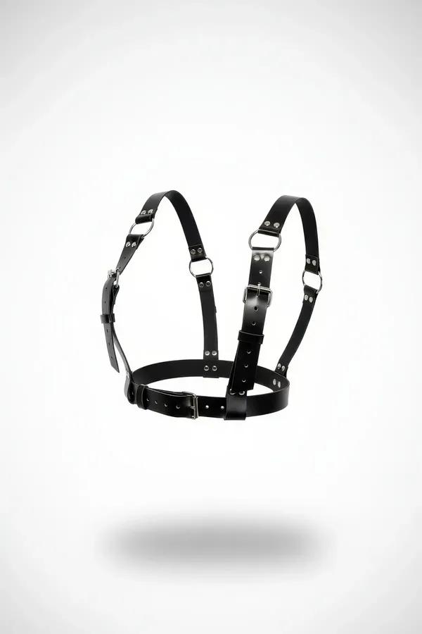 siyah vegan deri omuz bel harness gümüş metal D-halka perçinli toka aksesuar