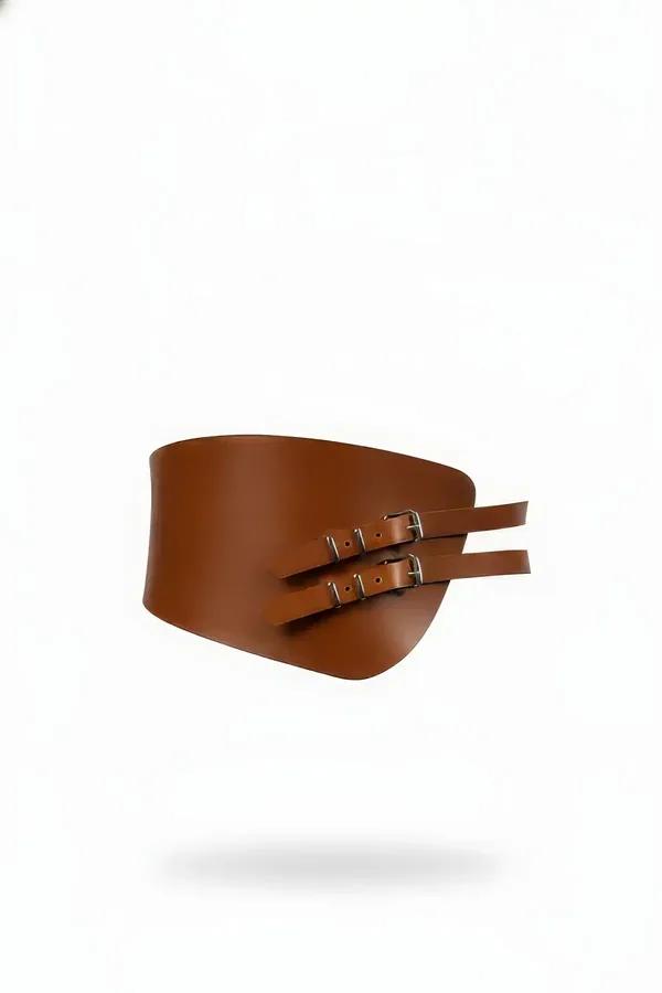 Taba faux leather geniş korse kemer çift gümüş tokalı bel aksesuarı yan görünüm