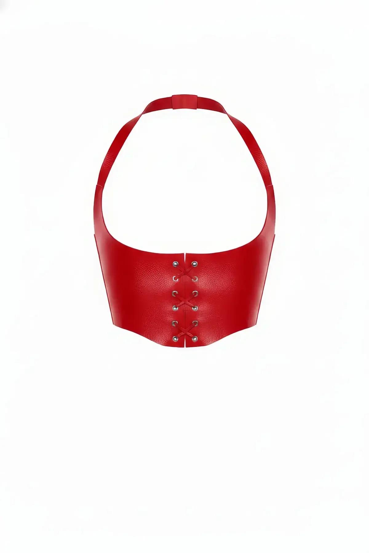 kırmızı faux leather geniş bel korsesi ön bağcık detaylı halter askılı gümüş perçinli
