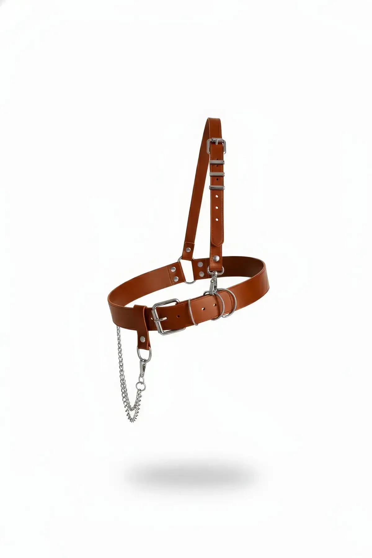 taba vegan deri tam vücut harness gümüş metal toka O-ring ve çift zincir detaylı bel aksesuarı
