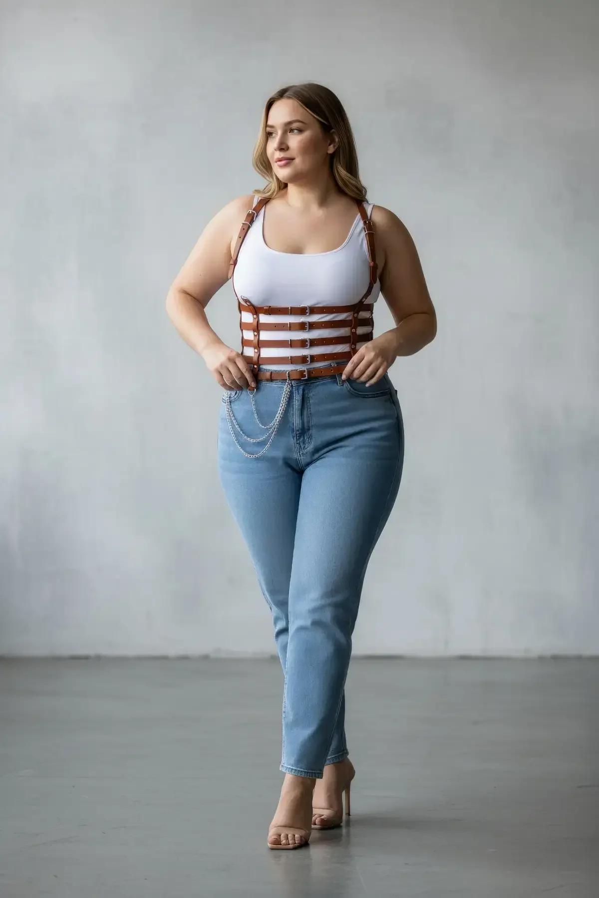 taba vegan deri korse harness yatay şerit kafes yapısı gümüş zincir detaylı büyük beden kadın bel kemeri
