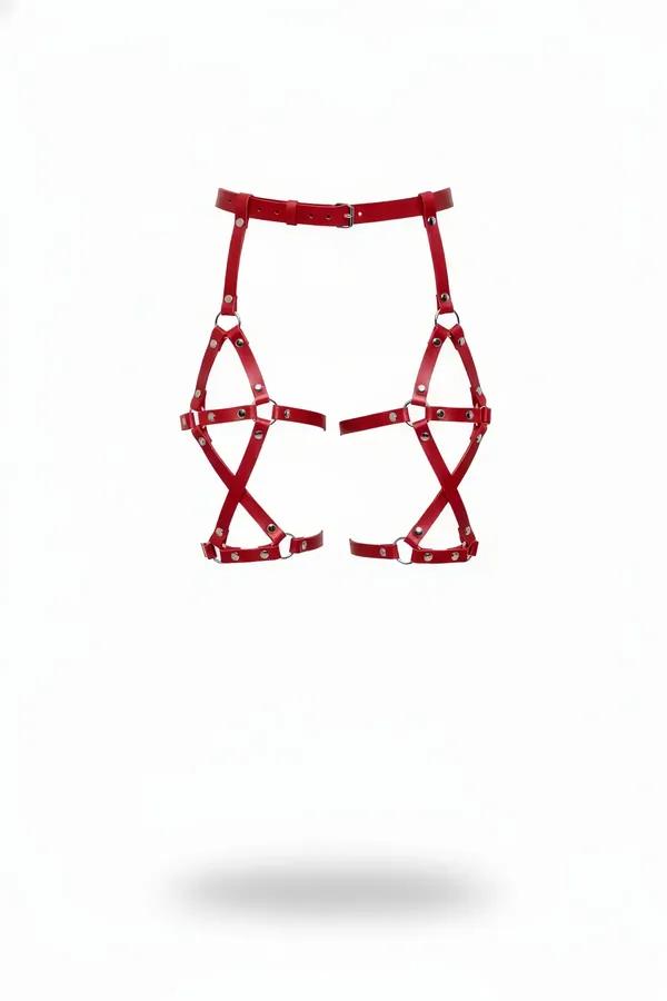 kırmızı vegan deri bacak harness kemeri çoklu şerit geometrik X desen gümüş toka aksesuar