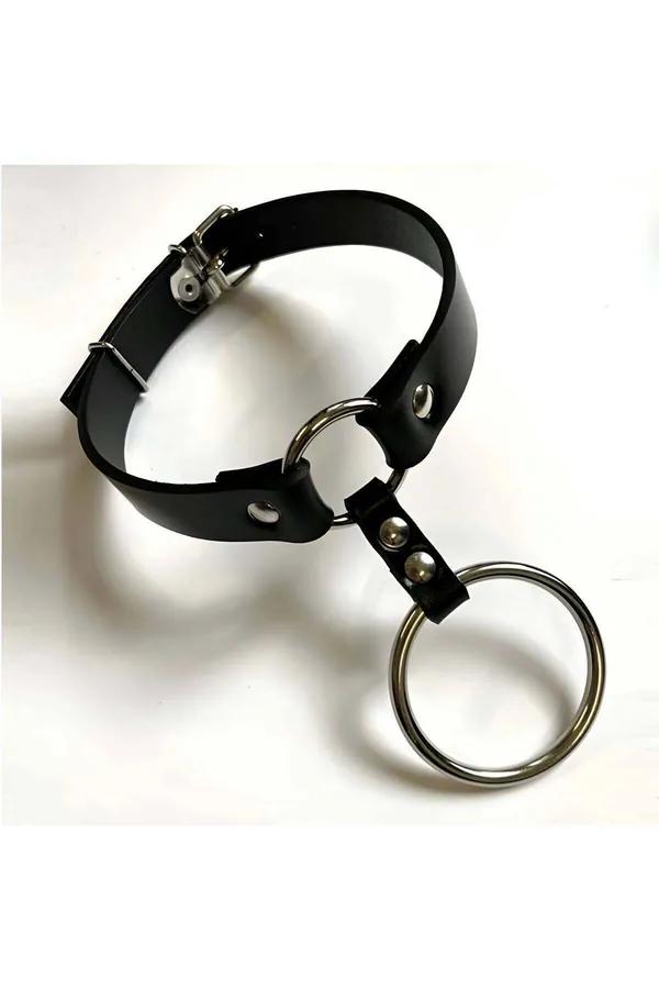 Adjustable black faux leather choker with small and large silver O-rings connected by riveted tab, buckle closure