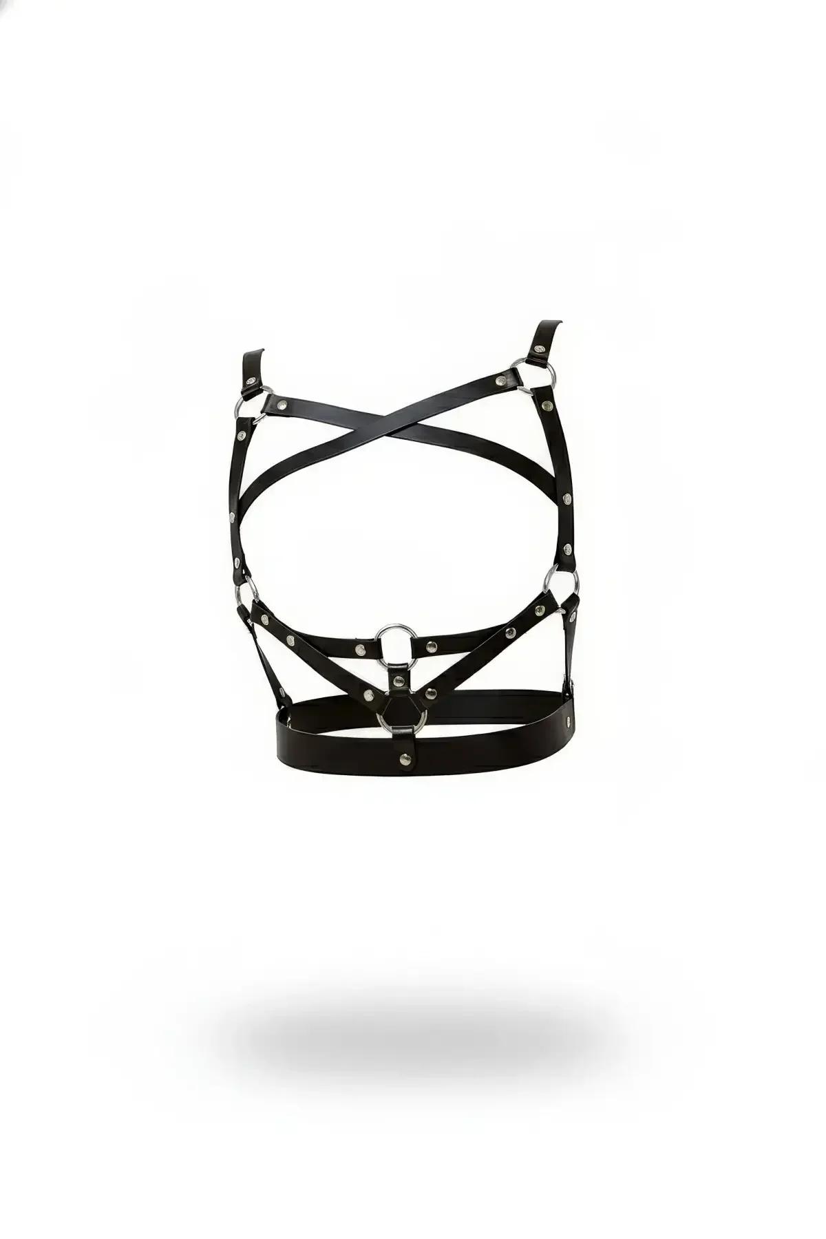 Siyah vegan deri vücut harness çapraz X askı gümüş O-halka ve metal perçin detaylı