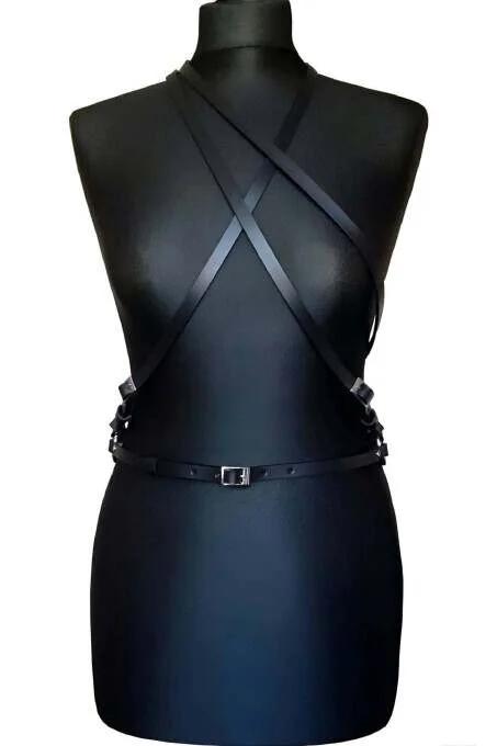 black faux leather criss-cross chest harness with adjustable waist belt and silver-tone pin buckles on mannequin