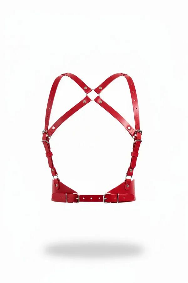 kırmızı suni deri çapraz askılı vücut harness X formlu bantlar gümüş metal toka ayarlanabilir bel kemeri