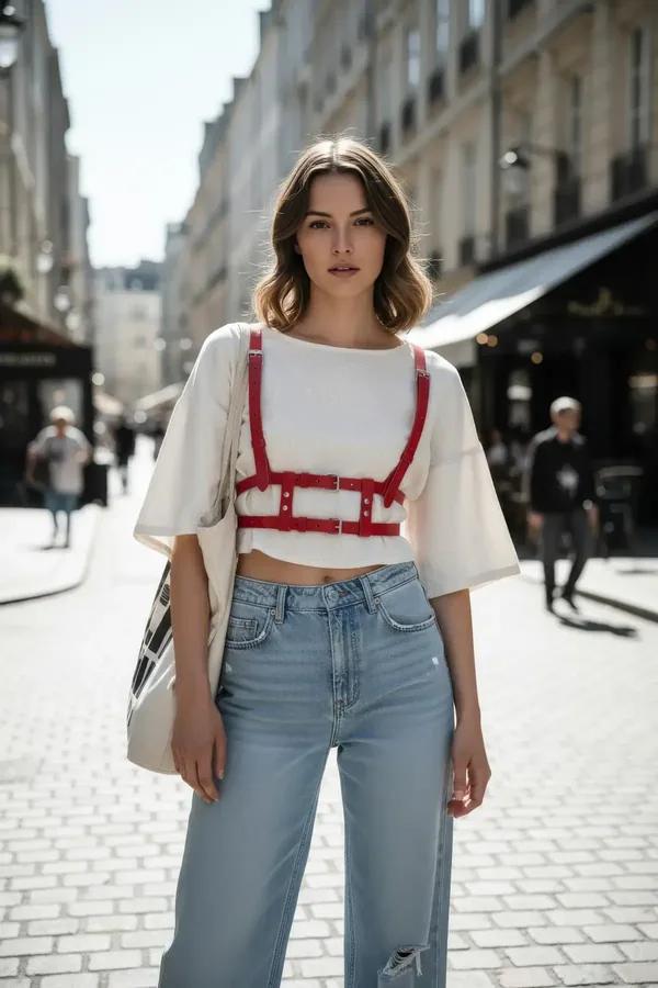 kırmızı vegan deri çok tokalı vücut kemeri 3 gümüş toka kafes kayış street style kadın aksesuar