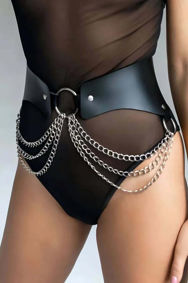 Black faux leather wide waist belt with four cascading silver chains and O-rings draped across front