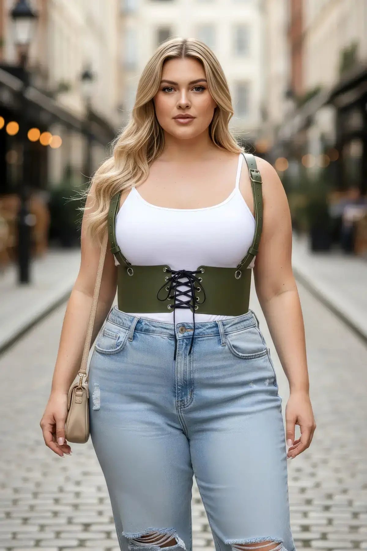 Büyük Beden Haki Kadın Kemer Omuz Askılı Bağlamalı Korse Stili - APFT1429