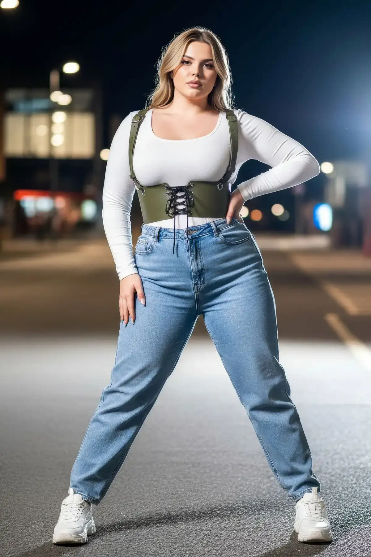 Büyük Beden Haki Kadın Kemer Omuz Askılı Bağlamalı Korse Stili - APFT1429