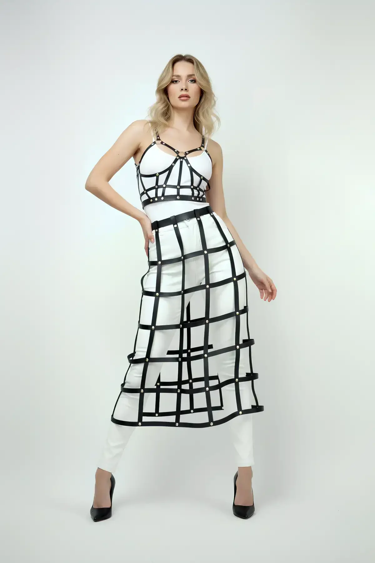 Caged Faux Leather Skirt & Matching Crop Top Harness Set