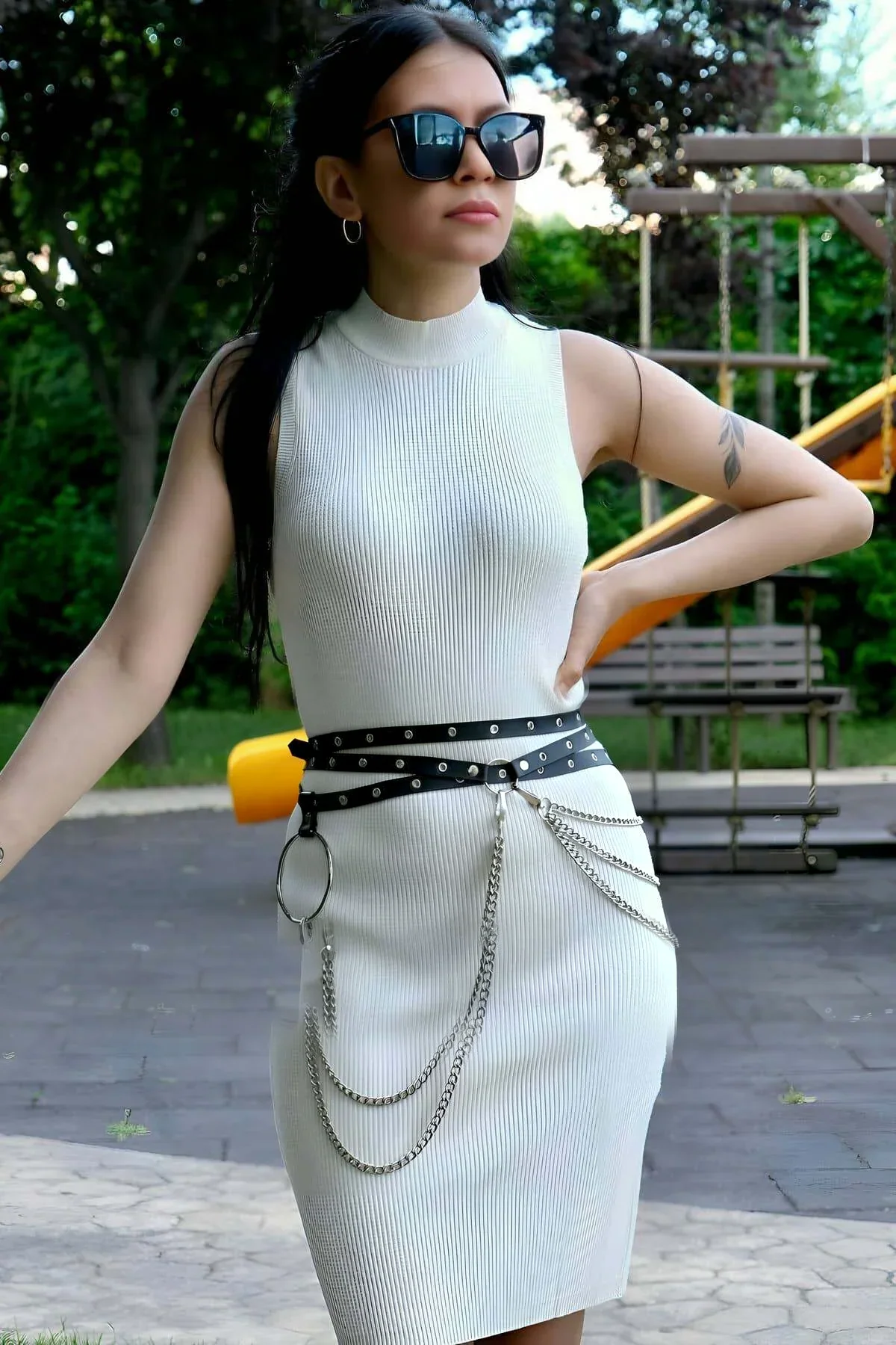 Studded Faux Leather Belt with Layered Chains