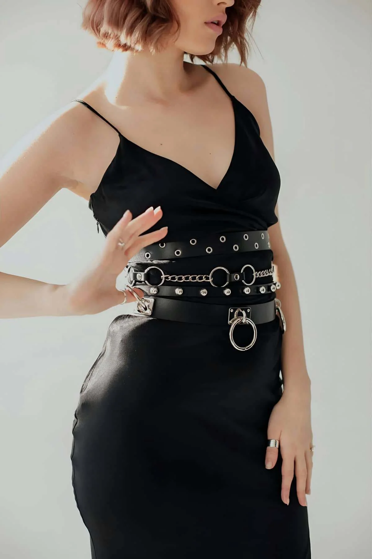 Multi-Layer Chain & O-Ring Faux Leather Belt