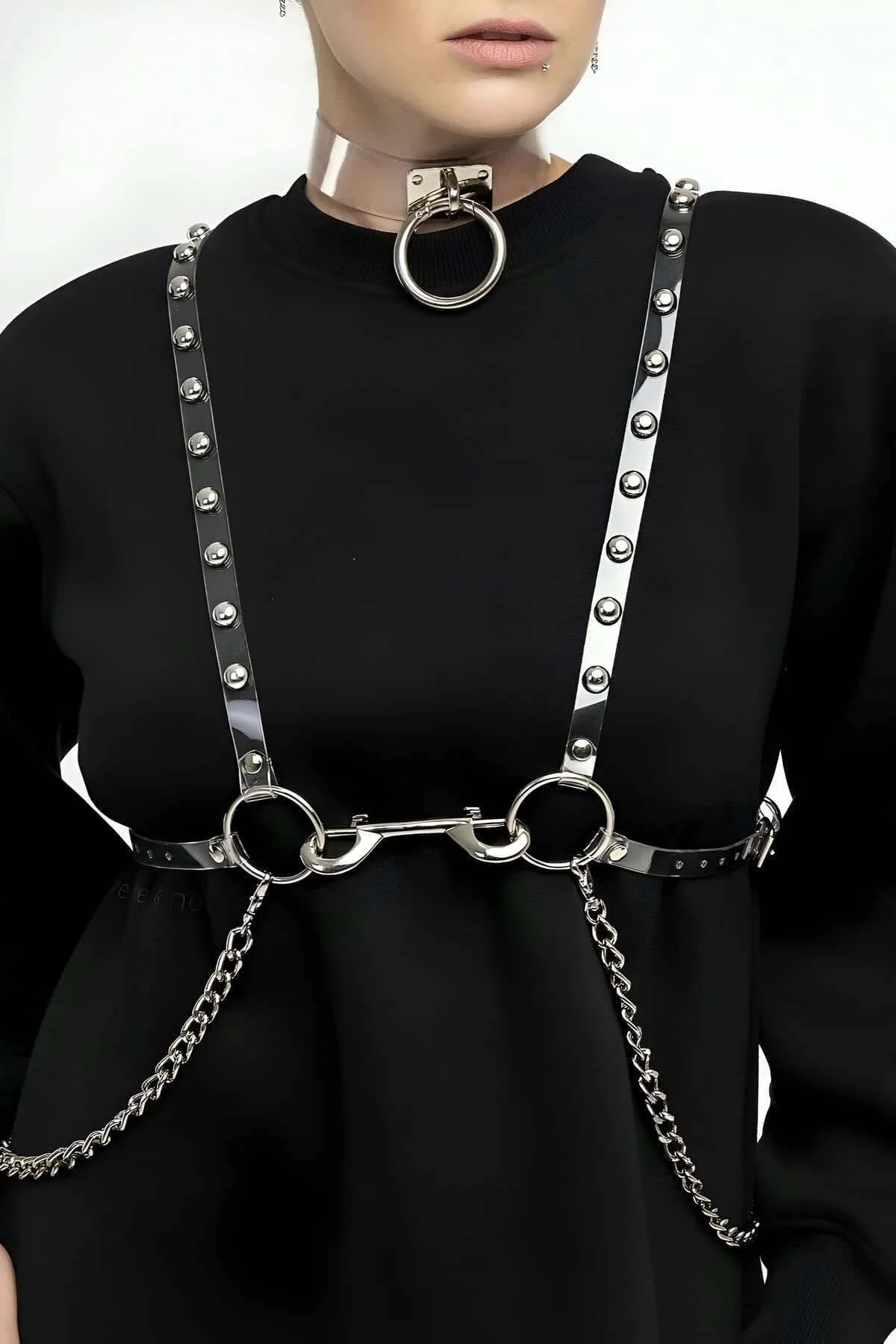 Metal Detaylı Şeffaf Vücut Harness ve Choker Seti