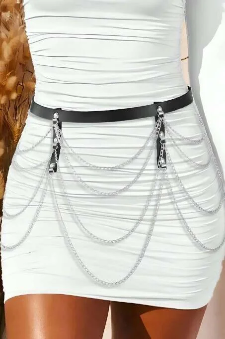 Faux Leather Belt with Layered Silver Chains